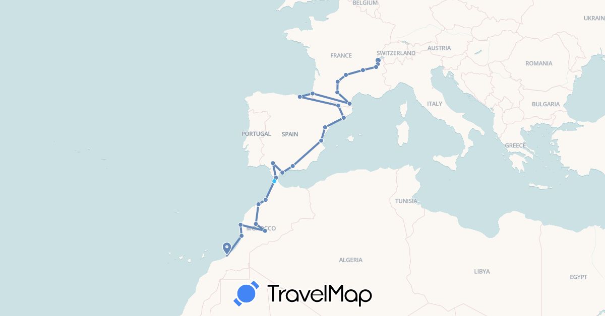 TravelMap itinerary: driving, cycling, boat in Switzerland, Spain (Europe)